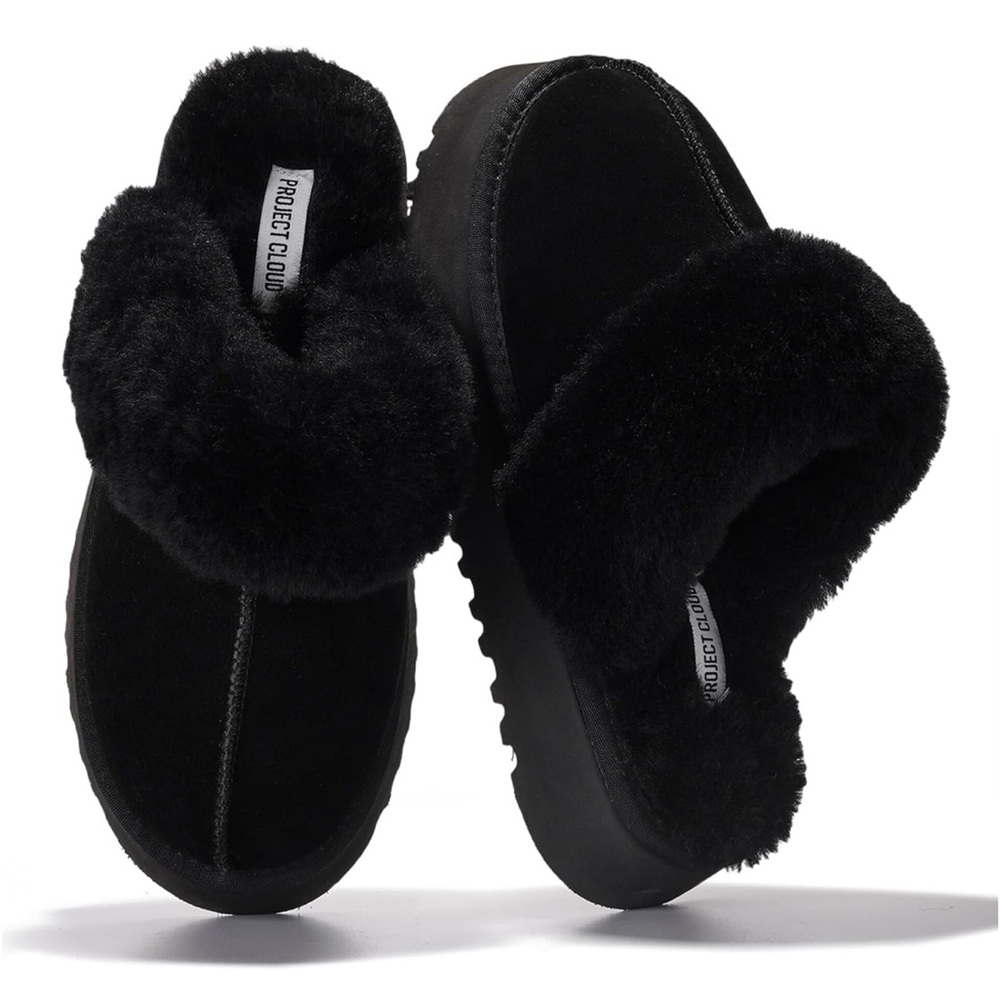 NEW Project Cloud Viki Black Leather and Faux Fur Platform Slippers size 10